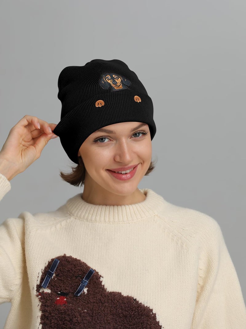 SWIMLANCE Dachshund Gifts Beanie Hat for Women Men Weiner Dog Lovers Mom Dad Cute Animal Embroidered Knit Hat Funny Birthday Christmas Stocking Stuffers Gifts Stuff Decor Costume Accessories Black - Image 3