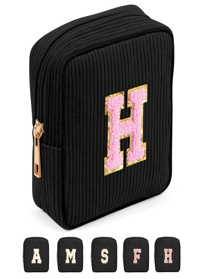 MAGEFY Makeup Bag, Initial Bags with Zipper Cute Makeup Pouch for Women Mini Corduroy Cosmetic Bag with Slip-in Pockets (Black-H) - Image 1