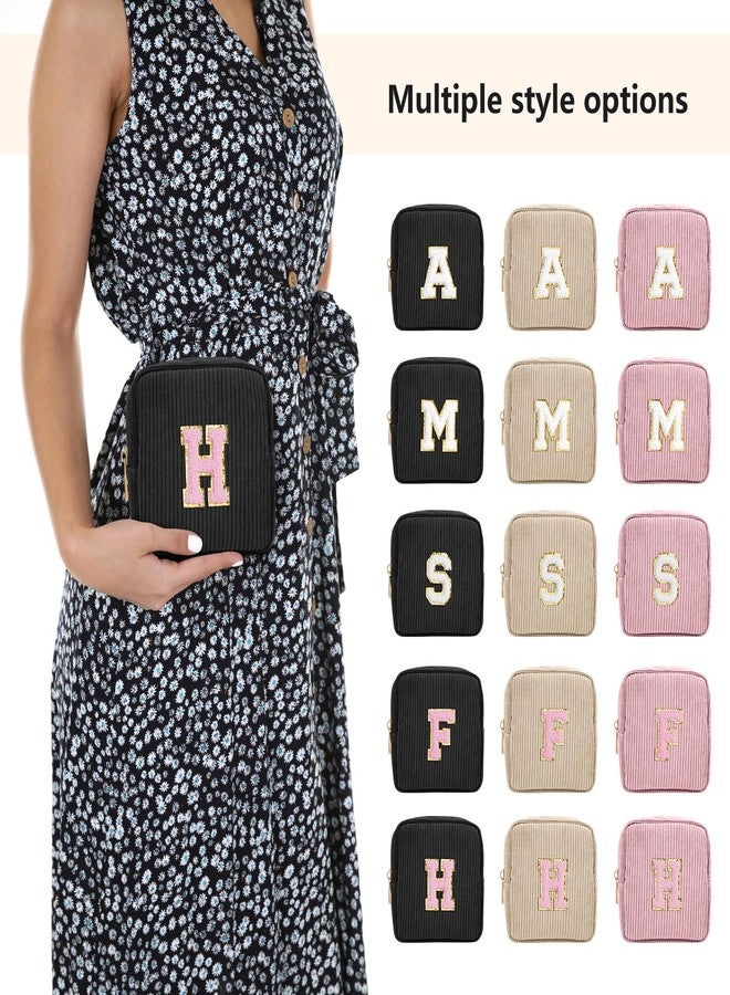 MAGEFY Makeup Bag, Initial Bags with Zipper Cute Makeup Pouch for Women Mini Corduroy Cosmetic Bag with Slip-in Pockets (Black-H) - Image 5