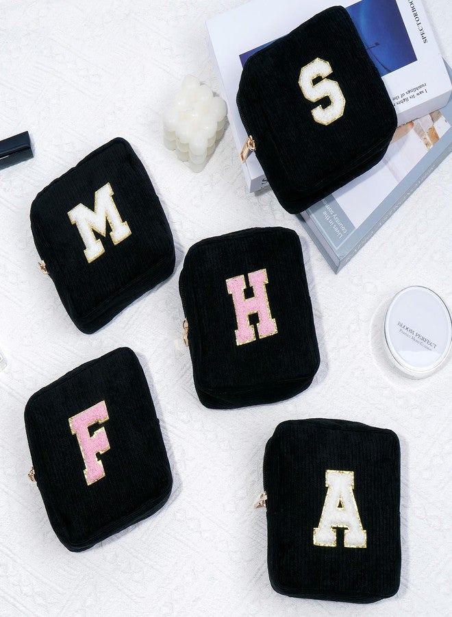 MAGEFY Makeup Bag, Initial Bags with Zipper Cute Makeup Pouch for Women Mini Corduroy Cosmetic Bag with Slip-in Pockets (Black-H) - Image 2