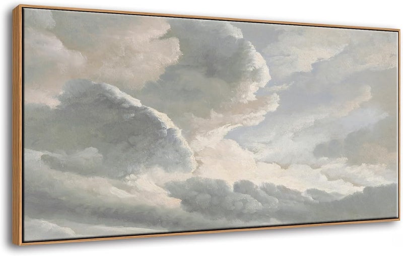 DJSYLIFE Framed Canvas Wall Art, Clouds with a Sunset Vintage Painting Prints - Image 1