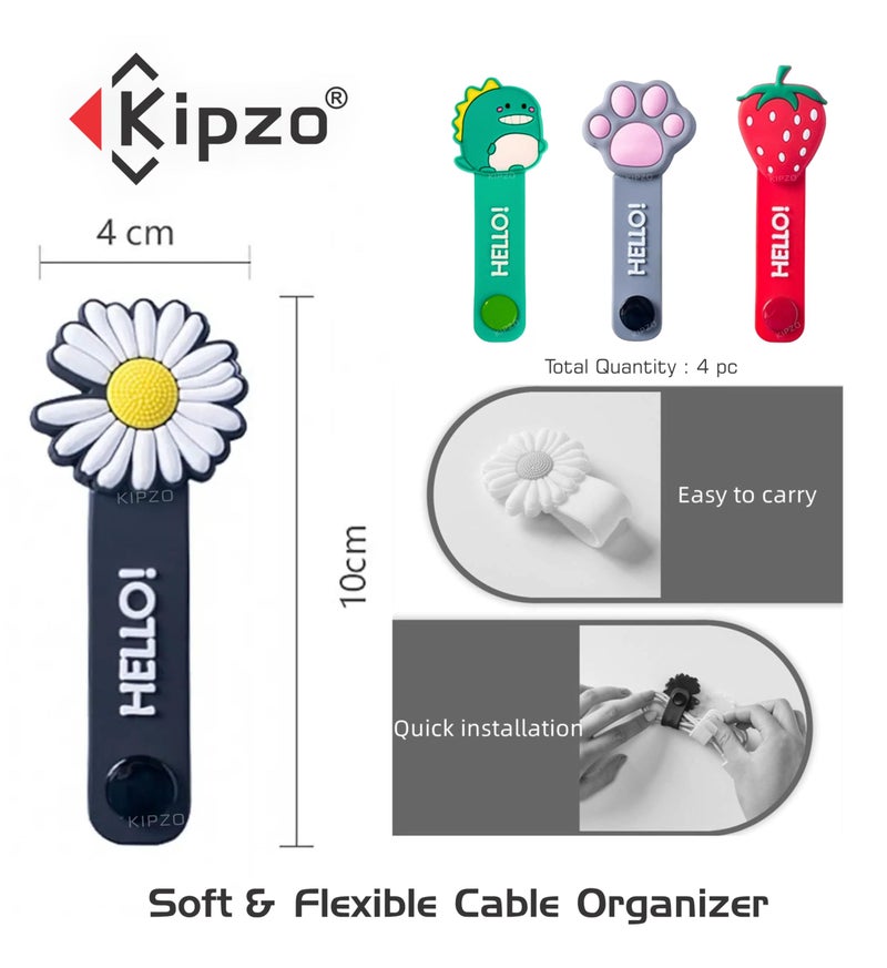 KIPZO® Pack of 4 Cartoon Button Cable Winder Earphone Cord Protector Wire Organizer Clip Fruit Flower animal Headphone Storage Cable Holder Data Line Silicone Straps Wrap Ties manager Bookmark - Image 2