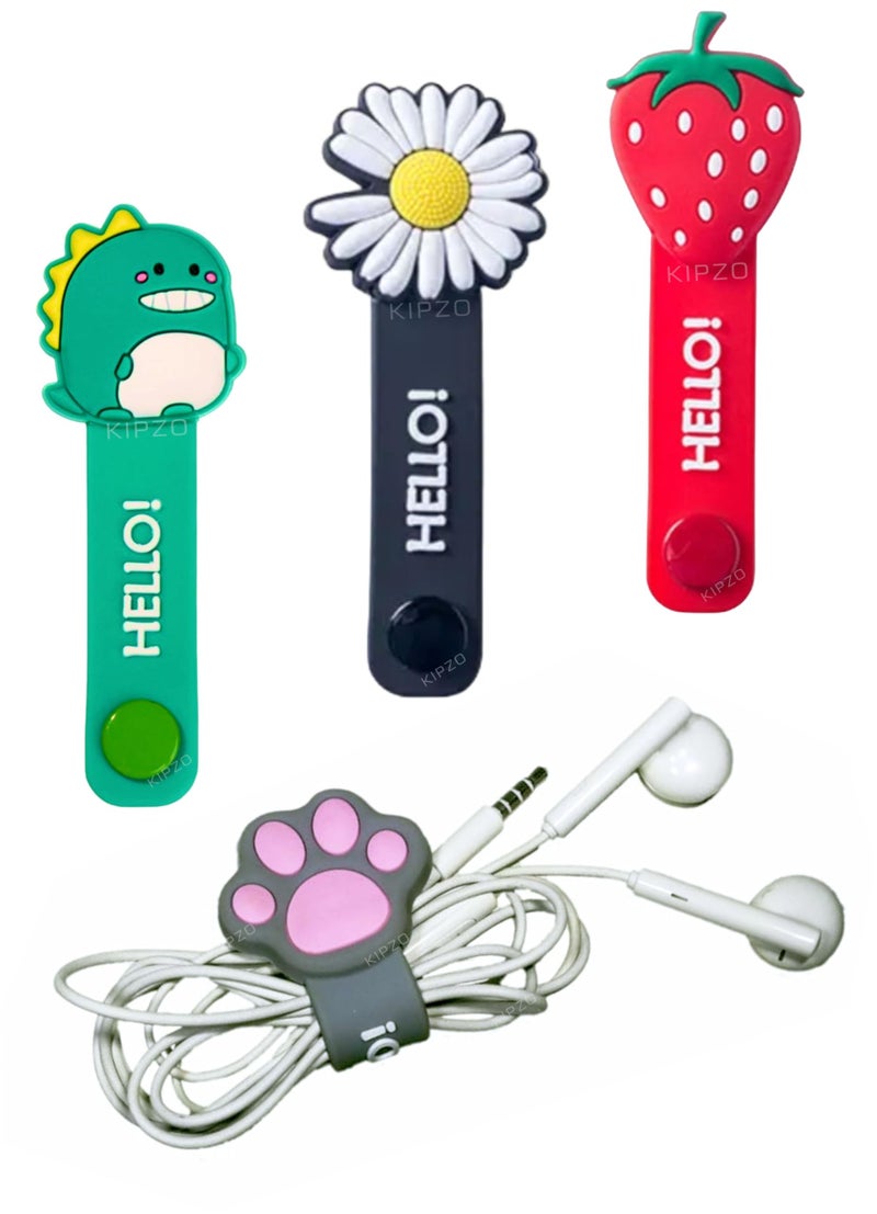 KIPZO® Pack of 4 Cartoon Button Cable Winder Earphone Cord Protector Wire Organizer Clip Fruit Flower animal Headphone Storage Cable Holder Data Line Silicone Straps Wrap Ties manager Bookmark - Image 1