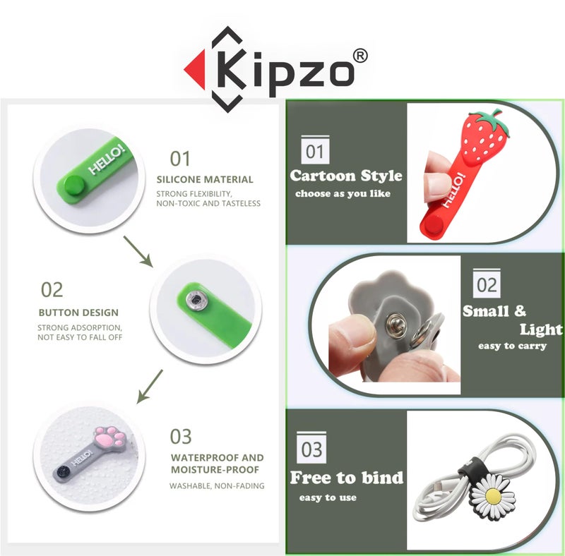 KIPZO® Pack of 4 Cartoon Button Cable Winder Earphone Cord Protector Wire Organizer Clip Fruit Flower animal Headphone Storage Cable Holder Data Line Silicone Straps Wrap Ties manager Bookmark - Image 5