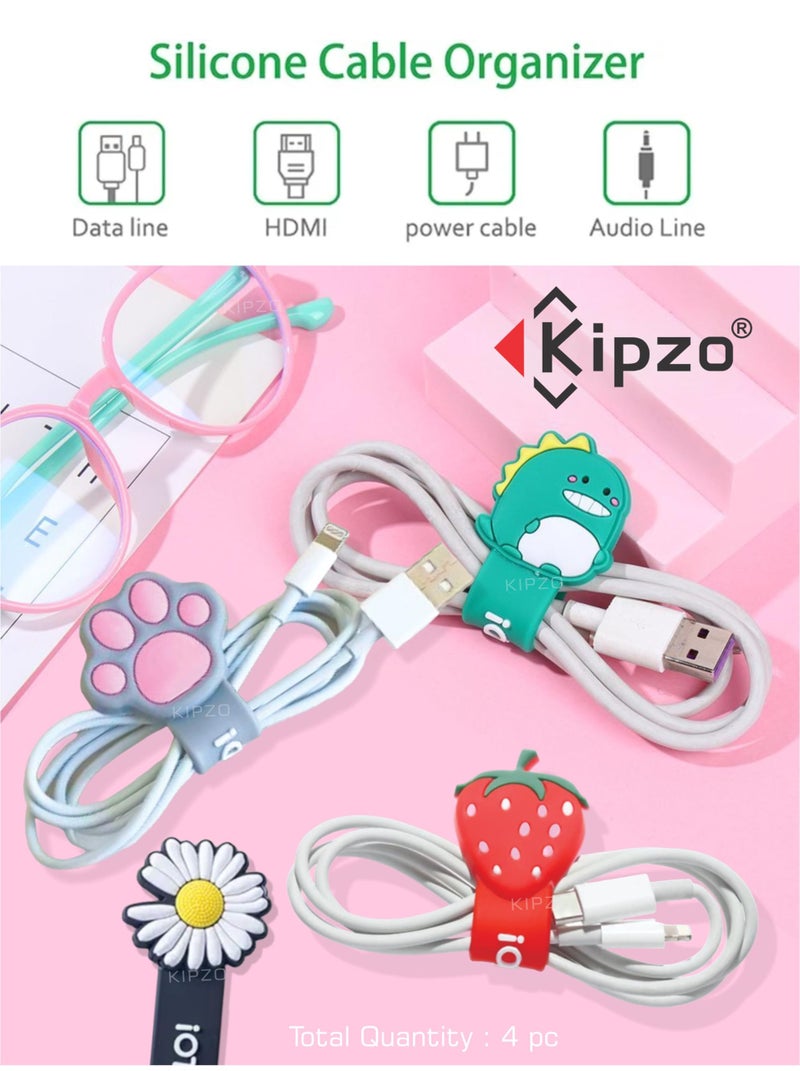 KIPZO® Pack of 4 Cartoon Button Cable Winder Earphone Cord Protector Wire Organizer Clip Fruit Flower animal Headphone Storage Cable Holder Data Line Silicone Straps Wrap Ties manager Bookmark - Image 3