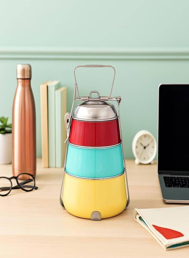 Elan Stainless Steel Lunch Box with Handle | Tiffin with Lid and Handle | 3 Compartment Traditional Tiffin Box | Easy to Carry | Locking Clip | School and Office Use (Red-Aqua-Yellow) - Image 1