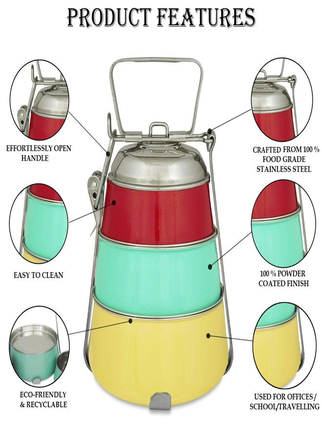 Elan Stainless Steel Lunch Box with Handle | Tiffin with Lid and Handle | 3 Compartment Traditional Tiffin Box | Easy to Carry | Locking Clip | School and Office Use (Red-Aqua-Yellow) - Image 3