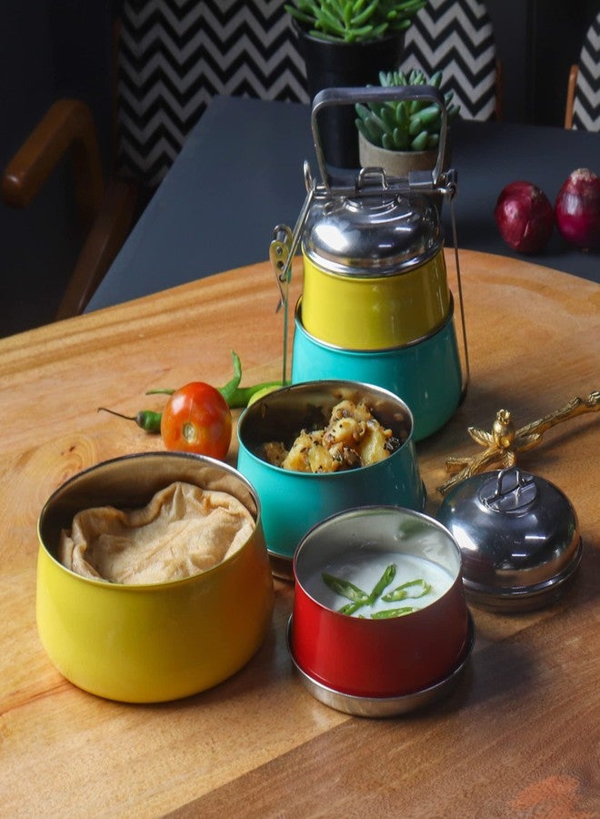 Elan Stainless Steel Lunch Box with Handle | Tiffin with Lid and Handle | 3 Compartment Traditional Tiffin Box | Easy to Carry | Locking Clip | School and Office Use (Red-Aqua-Yellow) - Image 5