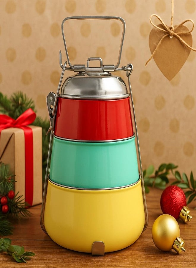 Elan Stainless Steel Lunch Box with Handle | Tiffin with Lid and Handle | 3 Compartment Traditional Tiffin Box | Easy to Carry | Locking Clip | School and Office Use (Red-Aqua-Yellow) - Image 2