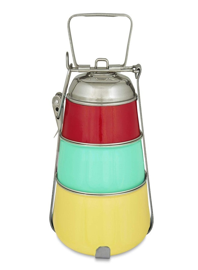 Elan Stainless Steel Lunch Box with Handle | Tiffin with Lid and Handle | 3 Compartment Traditional Tiffin Box | Easy to Carry | Locking Clip | School and Office Use (Red-Aqua-Yellow) - Image 4