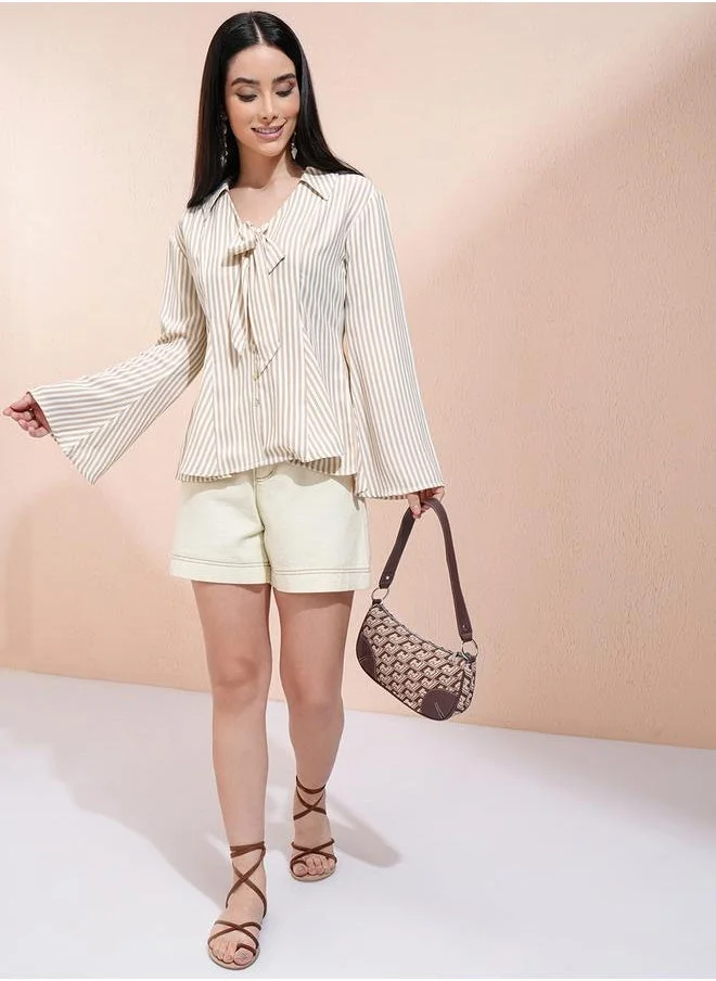 Tokyo Talkies Tokyo Talkies Striped Bell Sleeve Shirt Top with Tie-Up Detail