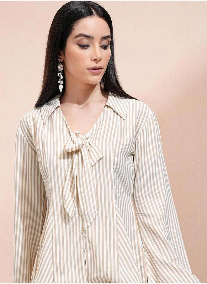 Tokyo Talkies Tokyo Talkies Striped Bell Sleeve Shirt Top with Tie-Up Detail