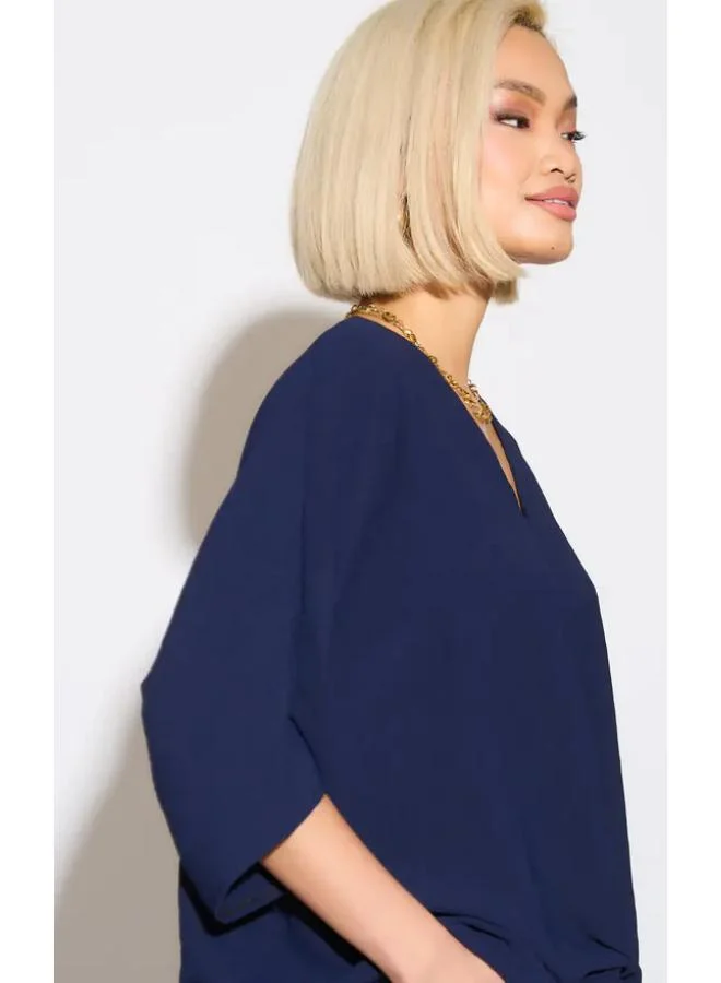 Hoxton Gal Oversized V-Neck Blouse with Tie Front and 3/4 Sleeves in Navy