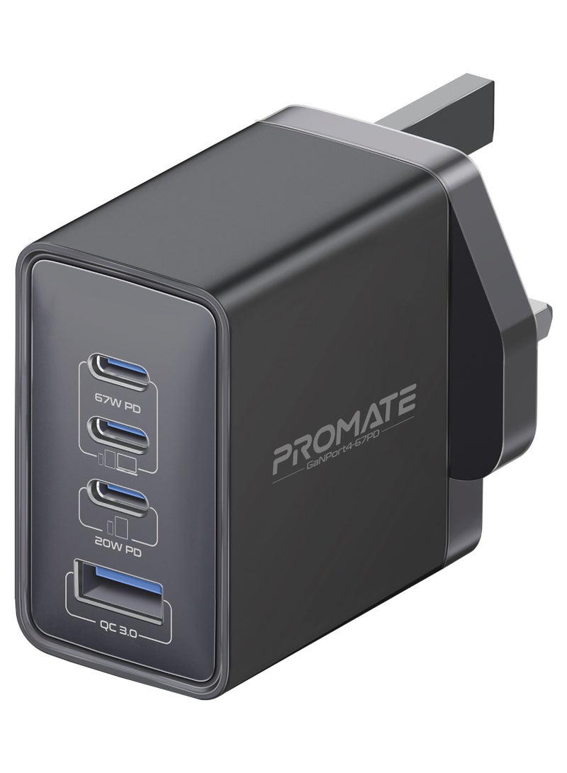 PROMATE GaN USB-C™ Laptop Charger, Super-Fast 67W Dual USB-C™ Power Delivery Wall Charger with 22.5W QC 3.0 Port, 20W Type-C™ Power Deliver Black - Image 1