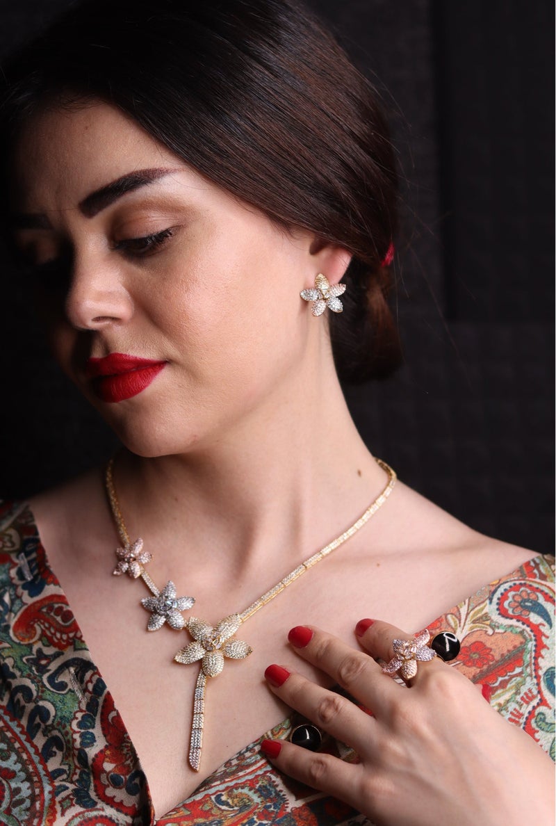R.C.E Accessories Flower Design Zirconia Jewelry Set for Women Bridal Accessories 4piece set - necklace, earrings and bracelet - Image 1
