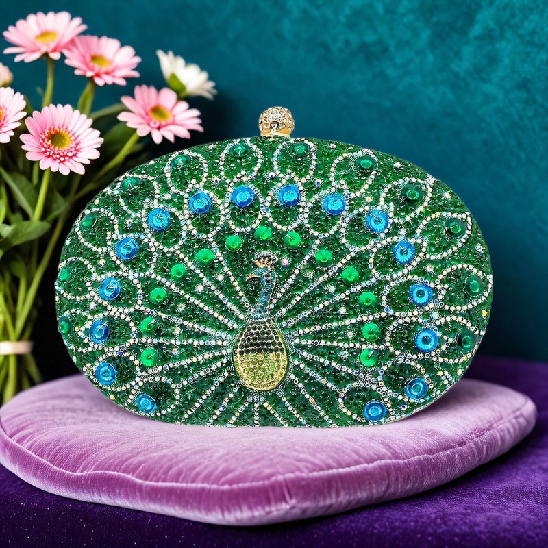 Peacock Diamond-Encrusted Clutch Bag, Retro Style Party Bag, Single Shoulder Crossbody Evening Bag, Export Diamond-Encrusted Design - Image 2