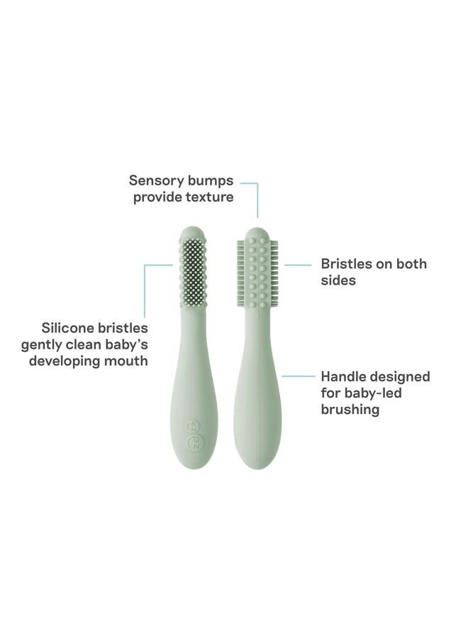 ezpz Baby Toothbrush - Silicone Baby-Led Toothbrush for Infants 3+ Months - 100% Food-Grade Infant Gum & First Teeth Cleaner with Sensory Bumps & Bristles On Both Sides, Easy-Grip Handle (Sage) - Image 2