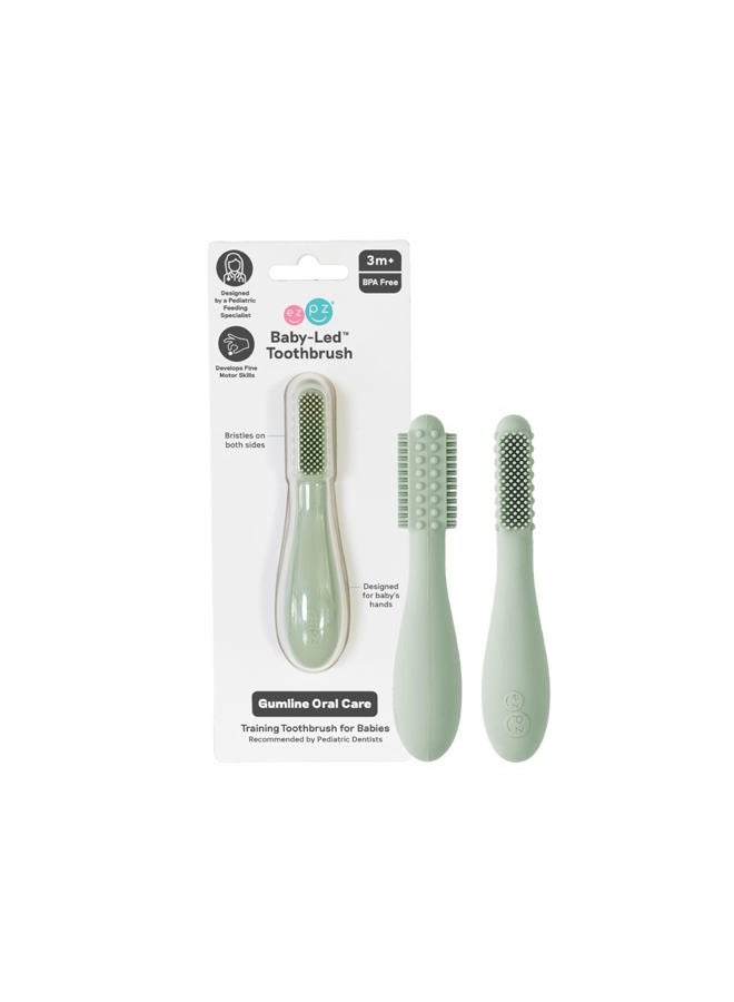 ezpz Baby Toothbrush - Silicone Baby-Led Toothbrush for Infants 3+ Months - 100% Food-Grade Infant Gum & First Teeth Cleaner with Sensory Bumps & Bristles On Both Sides, Easy-Grip Handle (Sage) - Image 1