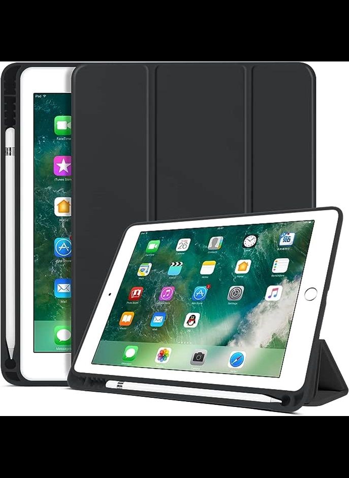 iPad 6th Generation Case, iPad 5th Generation Case with Pencil Holder, Premium Folio Folding Stand Smart Auto Wake/Sleep Protective Tablet Case Cover for Apple iPad 9.7 Inch 2018/2017, Black