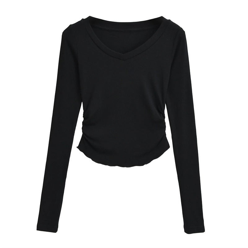 Pure Spice Girl Stretch Slim-fit Slimming V-neck Long-sleeved T-shirt Autumn New Side Waist Wrinkle High Waist Short Base Shirt - Image 1