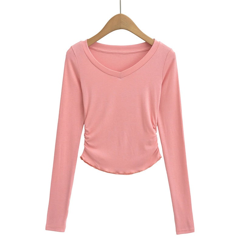 Pure Spice Girl Stretch Slim-fit Slimming V-neck Long-sleeved T-shirt Autumn New Side Waist Wrinkle High Waist Short Base Shirt - Image 5