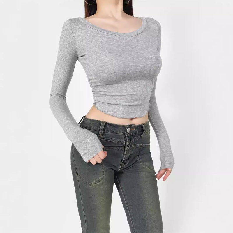Pure Spice Girl Stretch Slim-fit Slimming V-neck Long-sleeved T-shirt Autumn New Side Waist Wrinkle High Waist Short Base Shirt - Image 3