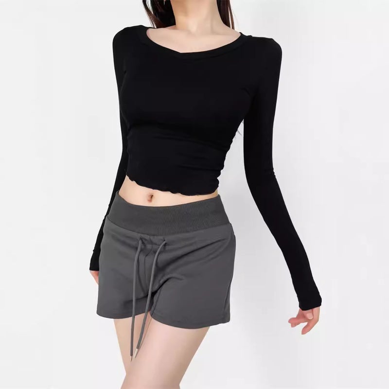 Pure Spice Girl Stretch Slim-fit Slimming V-neck Long-sleeved T-shirt Autumn New Side Waist Wrinkle High Waist Short Base Shirt - Image 2