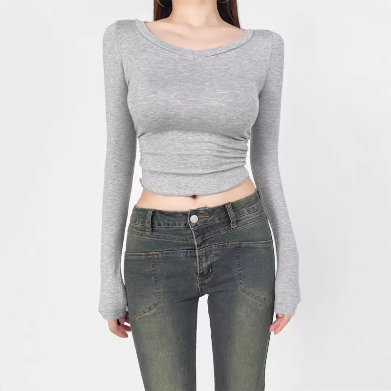 Pure Spice Girl Stretch Slim-fit Slimming V-neck Long-sleeved T-shirt Autumn New Side Waist Wrinkle High Waist Short Base Shirt - Image 4