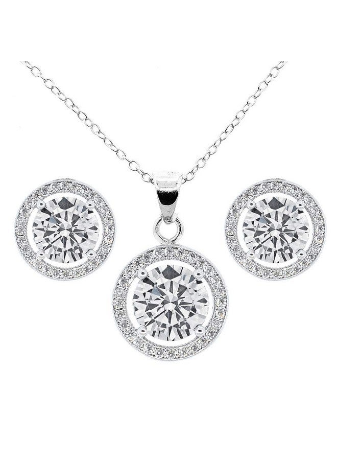 Cate & Chloe Ariel Jewelry Set 18K White Gold Cubic Zirconia Pendant Necklace And Stud Earrings Bridal Jewelry Set Round Cut Necklace Earring Set For Women Silver Halo Jewelry Set - Image 1