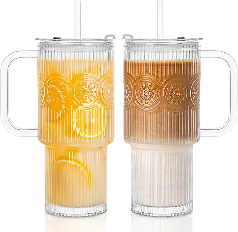 INSETLAN 26oz Ribbed & Floral Glass Tumblers with Handle and Lid, Set of 2 –Reusable Iced Coffee Cups with Straw, Glass Mugs for Water, Smoothies, Tea, and Juice – Ideal for Travel & Daily Use - Image 1