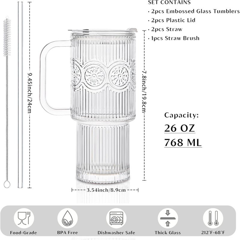 INSETLAN 26oz Ribbed & Floral Glass Tumblers with Handle and Lid, Set of 2 –Reusable Iced Coffee Cups with Straw, Glass Mugs for Water, Smoothies, Tea, and Juice – Ideal for Travel & Daily Use - Image 2