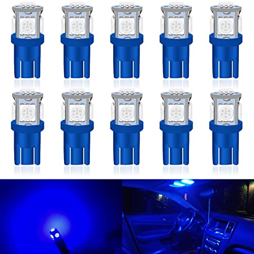 UNXMRFF 194 LED Bulb Blue T10 LED Bulb Map lights, W5W 168 LED Bulb, 2825 Bulb 5050 5-SMD Bright LED Chips 12V DC, 194 Replacement Bulbs for Car Dome Door Courtesy License Plate Lights, Pack of 10 - Image 1