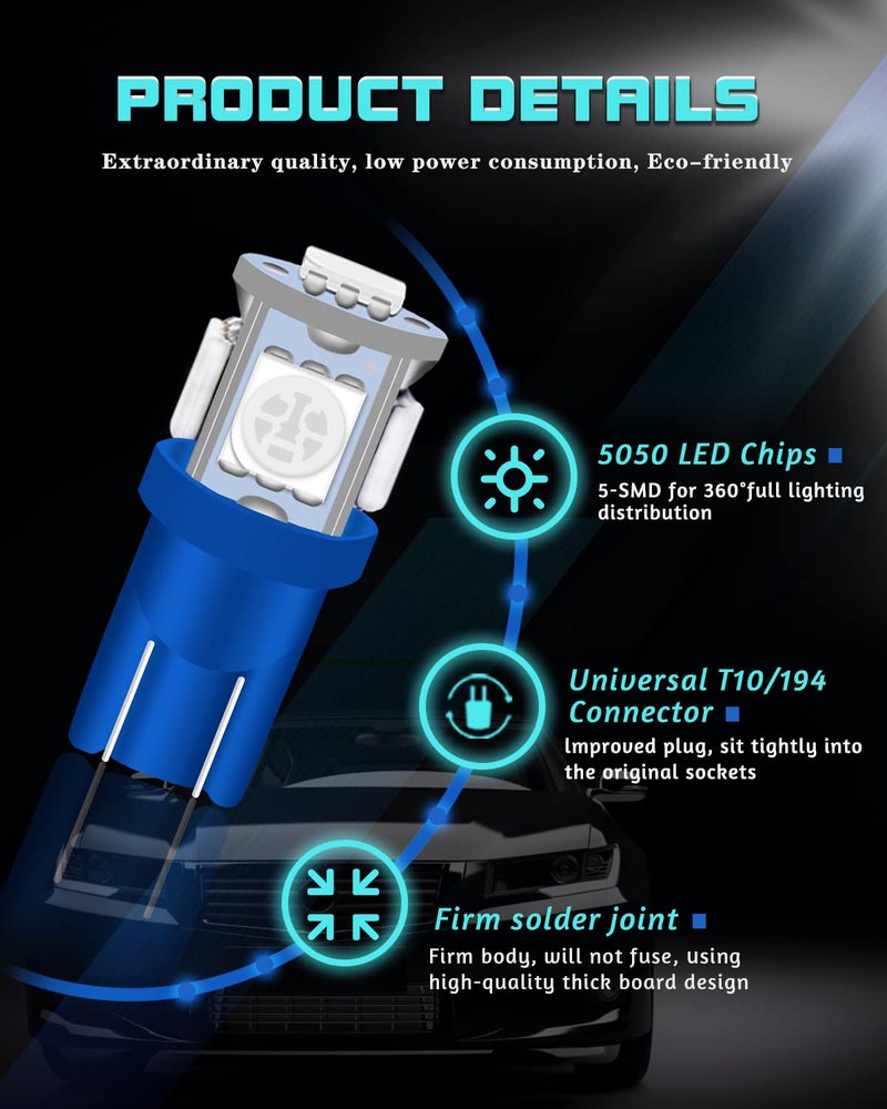UNXMRFF 194 LED Bulb Blue T10 LED Bulb Map lights, W5W 168 LED Bulb, 2825 Bulb 5050 5-SMD Bright LED Chips 12V DC, 194 Replacement Bulbs for Car Dome Door Courtesy License Plate Lights, Pack of 10 - Image 4