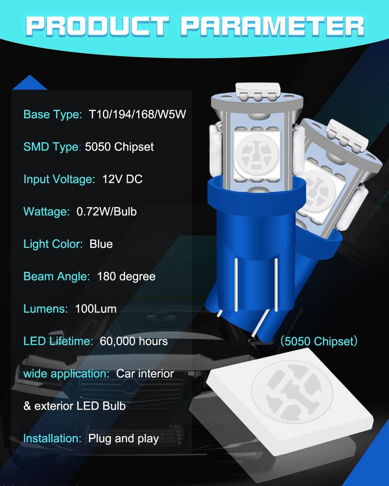 UNXMRFF 194 LED Bulb Blue T10 LED Bulb Map lights, W5W 168 LED Bulb, 2825 Bulb 5050 5-SMD Bright LED Chips 12V DC, 194 Replacement Bulbs for Car Dome Door Courtesy License Plate Lights, Pack of 10 - Image 3