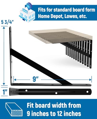 LEOPO 12-Pack 9 Inch Heavy Duty Shelf Brackets, Large Floating Wall Bracket for Garage Storage Shelves, Black Powder-Coated Finish, Load Capacity 800lbs - Image 2