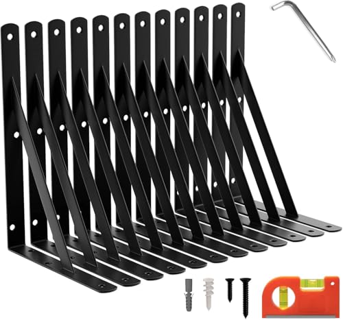 LEOPO 12-Pack 9 Inch Heavy Duty Shelf Brackets, Large Floating Wall Bracket for Garage Storage Shelves, Black Powder-Coated Finish, Load Capacity 800lbs - Image 1