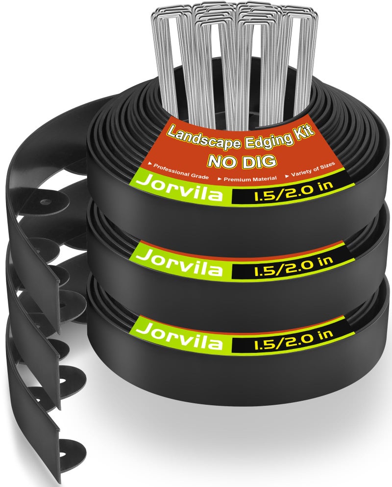 Jorvila Landscape Edging, 1.5" x 100' Plastic Garden Edging with 120 Pcs Metal Spikes, Flexible Garden Border for Lawn, Landscaping, Flower Beds - Image 1