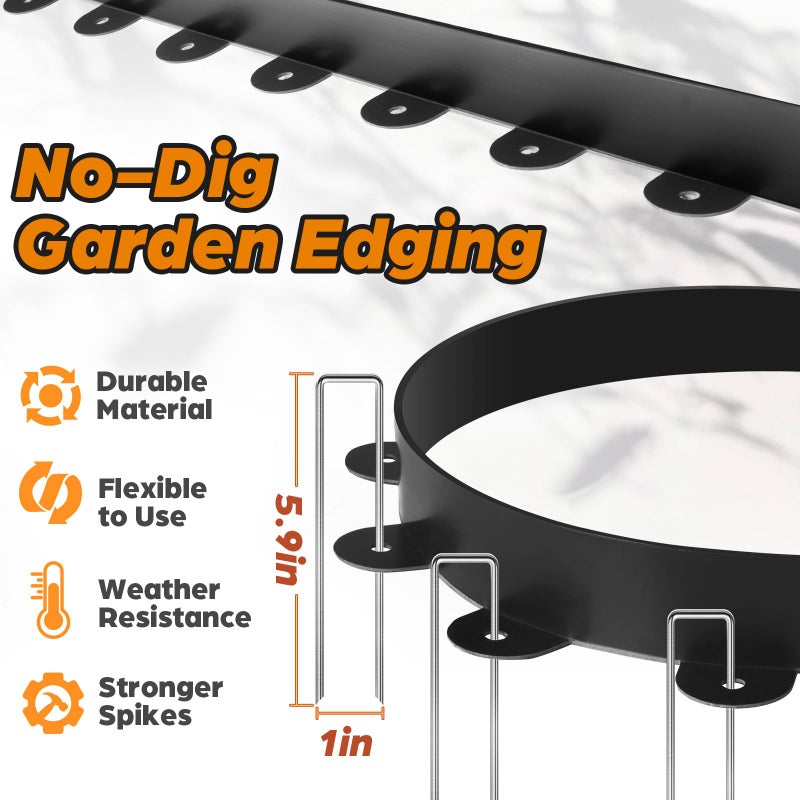 Jorvila Landscape Edging, 1.5" x 100' Plastic Garden Edging with 120 Pcs Metal Spikes, Flexible Garden Border for Lawn, Landscaping, Flower Beds - Image 2
