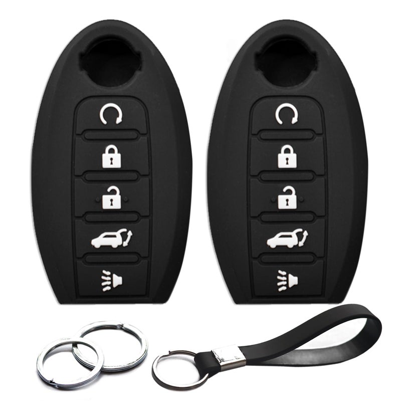 INFIPAR 2pcs Compatible with Nissan Altima Maxima Murano Armada Rogue Pathfinder Sentra Titan Versa Infiniti JX35 Q50 Q60 QX60 QX50 QX80 Black Key Fob Cover Case Key Chain Protector Holder