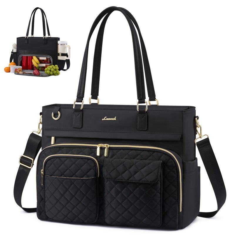 LOVEVOOK Insulated Lunch Tote Bag for Women, Work Bag for Women with Cup Holder, Large Capacity Teacher Bag with Laptop Compartment, Water Resistant Nurse Tote for Travel, College, 15.6 Inch Black - Image 1