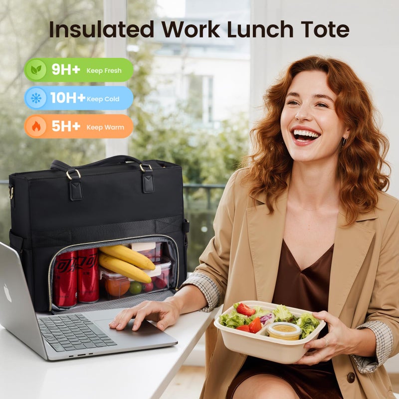 LOVEVOOK Insulated Lunch Tote Bag for Women, Work Bag for Women with Cup Holder, Large Capacity Teacher Bag with Laptop Compartment, Water Resistant Nurse Tote for Travel, College, 15.6 Inch Black - Image 2
