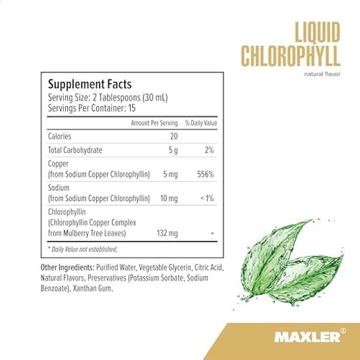 Maxler Liquid Chlorophyll Natural Flavor - Internal Deodorant for Body Odor & Bad Breath Supplement - Vegan Liquid Chlorophyll - 132 mg of Chlorophyllin per 1 Serving (15 Servings) - 15.2 fl oz - Image 5