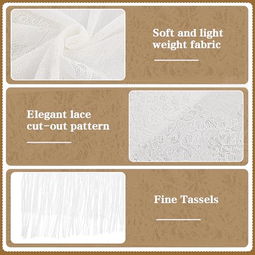 Jeffdad Women's Floral Lace Scarf Shawl wif Tassels for Women's Evening Dress Evening Party Mesh Wedding Shawls (White) - Image 5