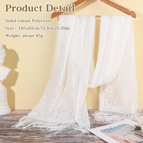 Jeffdad Women's Floral Lace Scarf Shawl wif Tassels for Women's Evening Dress Evening Party Mesh Wedding Shawls (White) - Image 2