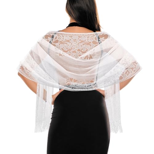 Jeffdad Women's Floral Lace Scarf Shawl wif Tassels for Women's Evening Dress Evening Party Mesh Wedding Shawls (White) - Image 1