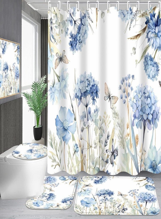 Pretyw 4-Piece Blue Floral Shower Curtain Butterfly Flowers Bathroom Set with Shower Curtain and Rugs, Blue White Bath Set with Hooks for Farmhouse Home Decor - Image 1