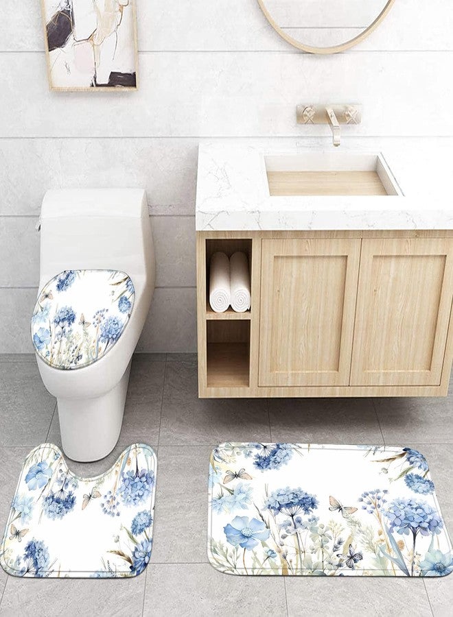 Pretyw 4-Piece Blue Floral Shower Curtain Butterfly Flowers Bathroom Set with Shower Curtain and Rugs, Blue White Bath Set with Hooks for Farmhouse Home Decor - Image 3