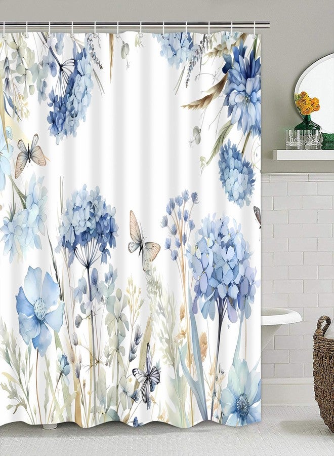 Pretyw 4-Piece Blue Floral Shower Curtain Butterfly Flowers Bathroom Set with Shower Curtain and Rugs, Blue White Bath Set with Hooks for Farmhouse Home Decor - Image 2