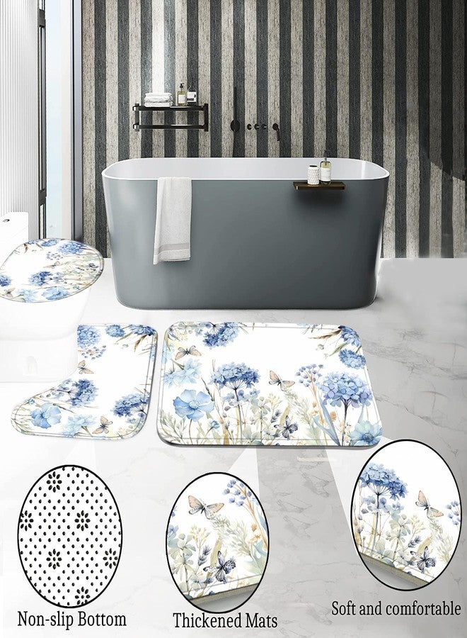 Pretyw 4-Piece Blue Floral Shower Curtain Butterfly Flowers Bathroom Set with Shower Curtain and Rugs, Blue White Bath Set with Hooks for Farmhouse Home Decor - Image 5