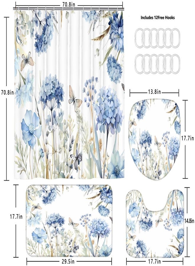 Pretyw 4-Piece Blue Floral Shower Curtain Butterfly Flowers Bathroom Set with Shower Curtain and Rugs, Blue White Bath Set with Hooks for Farmhouse Home Decor - Image 4